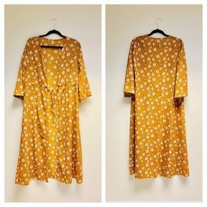 Retro-Mustard Yellow Floral Long Kimono